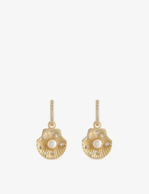 Oceanus Womens Gold Pearl Seashell Pearl Metal Drop Hoop Earrings