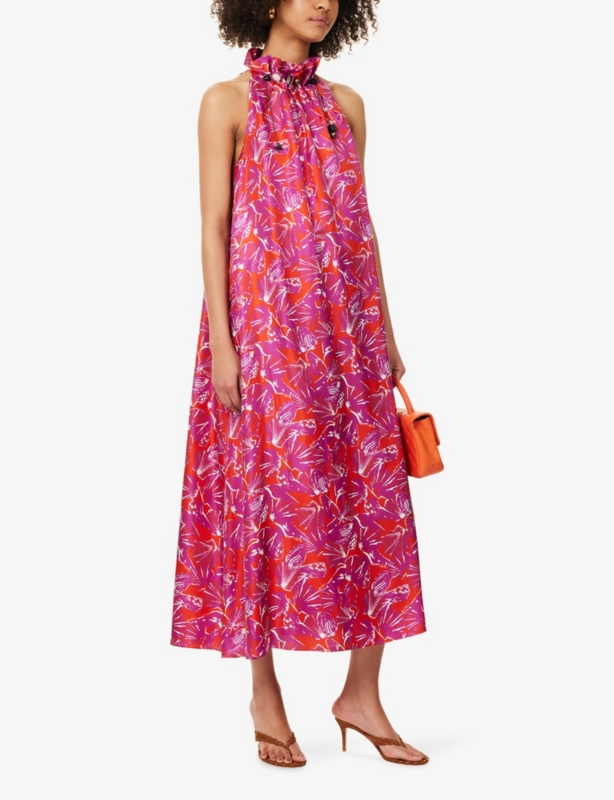 Bead-Embellished Printed Silk Maxi Dress