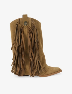 Kurt Geiger Womens Tan Comb Albany Fringed Suede Cowboy Boots Eur 38/5 Uk
