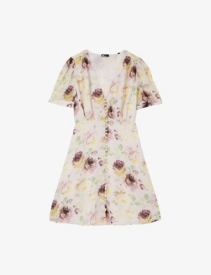 The Kooples Womens Light Old Pink / Ecru Floral-print Short-sleeved Woven Mini Dress In Multi