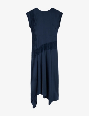Womens Whistles Lace-Insert Asymmetric-Hem Satin Midi Dress
