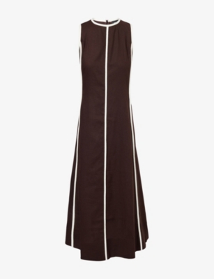 white and brown combination dress Davia Brown & White Polka Dot Midi Dress with Crescent Print, Pockets & Spaghetti Straps – Elegant & Versatile S