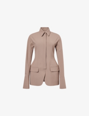 Mugler Womens Dark Taupe Single-breasted Peplum Wool-blend Jacket In Brown