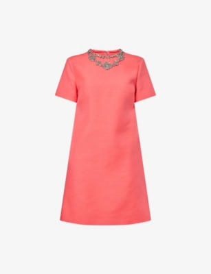 Valentino Crystal-embellished Wool And Silk-blend Crepe Mini Dress In Orange