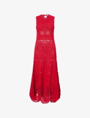 Erdem Womens Ruby Red Flared Crochet Cotton Midi Dress