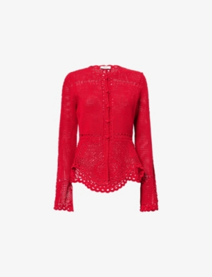 Erdem Womens Ruby Red Peplum Crochet Cotton Cardigan Xs