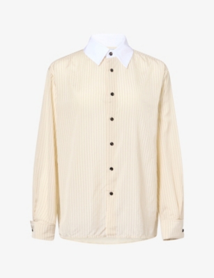 Bottega Veneta Womens Parchment/brunel Contrast-collar Pinstripe Woven Shirt