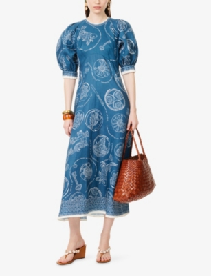 Alemais Lucky Graphic-print Puff-sleeve Midi Dress In Multi