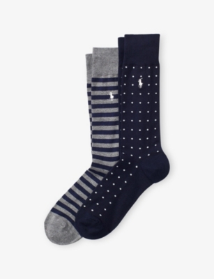 Polo Ralph Lauren Mens Navy Striped And Dotted Pack Of Two Cotton-blend Socks In Blue