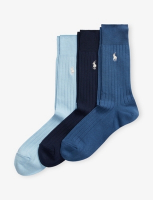 Polo Ralph Lauren Mens 3pk Blue Assorted Ribbed Pack Of Three Cotton-blend Socks In Multi