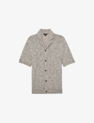 Reiss Mens Natural Addis Cuban-collar Stretch-knit Shirt In Brown