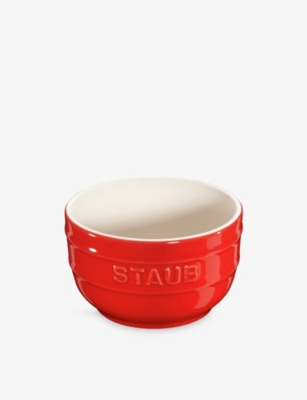 Staub Cherry Brand-embossed Set Of Two Ceramic Ramekins 9cm In Red