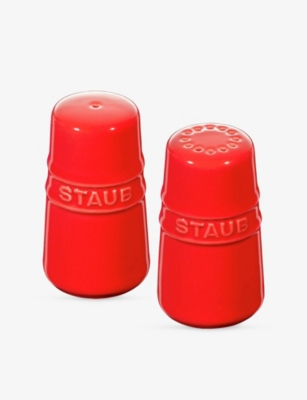 Staub Cherry Brand-embossed Ceramic Salt And Pepper Shakers In Red