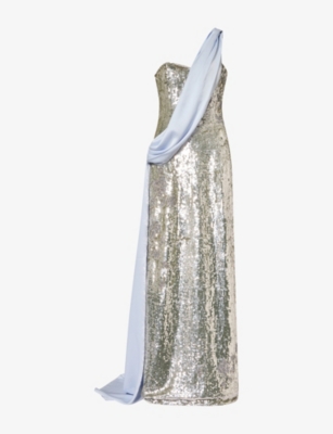 Sabina Bilenko Womens Lavinia Draped Sequinned Gown Silver/baby Blue