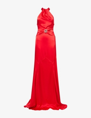 David Koma Womens Crystal-embellished Halter-neck Satin Gown Red/silver