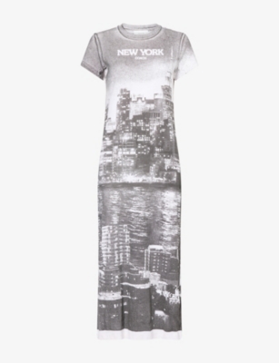Coach Womens Postcard Graphic Cotton T-shirt Dress Grey Multi.