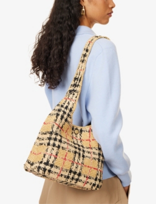 Burberry Womens Sand Small Margate Check Raffia Hobo Bag In Nude