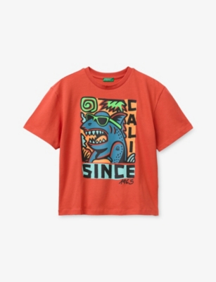 Benetton Kids' Red Branded-print Short-sleeved Cotton-jersey T-shirt 6-13