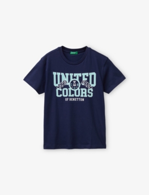 Benetton Kids' Blue Branded-print Short-sleeved Cotton-jersey T-shirt 6-13