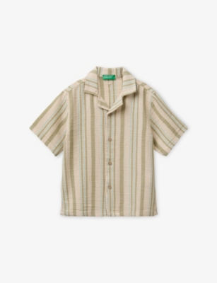 Benetton Kids' Beige Striped Relaxed-fit Cotton-blend Shirt 6-13 In Neutral