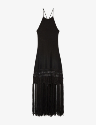 Womens The Kooples Sleeveless Fringed-Hem Stretch-Woven Maxi Dress