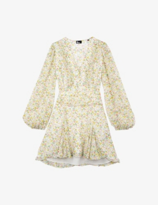 The Kooples Womens White - Red V-neck Floral-print Woven Mini Dress In Burgundy