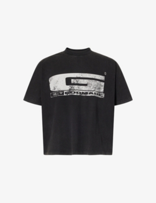 Godmade Mens Washed Black Graphic-print Cotton T-shirt