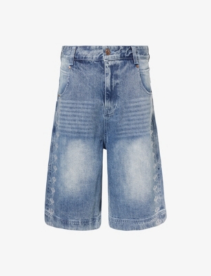 Godmade Mens Washed Blue Crystal-embellished Cotton Denim Shorts