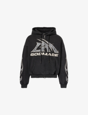 Godmade Mens Washed Black Logo-print Zip-up Cotton Hoody In Multi