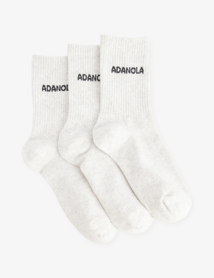 Adanola Womens Light Grey Melange Intarsia-logo Crew-length Pack Of Three Socks In Gray