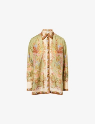 Zimmermann Womens Khaki Scarf Floral Indra Printed Silk Shirt Xs