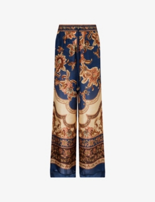 Zimmermann Womens Navy Jacobean Aster Wide-leg Silk Trousers
