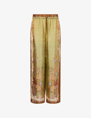 Zimmermann Womens Khaki Scarf Floral Indra Wide-leg Silk Trousers