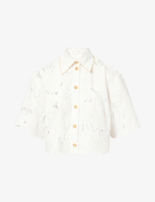 Zimmermann Womens Ivory Mahon Embroidered Cropped Cotton Shirt In White