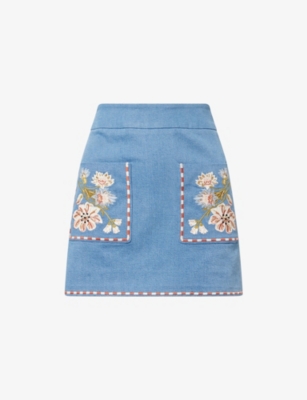 Veronica Beard Womens Sea Glare Pallas Embroidered Denim Mini Skirt In Blue