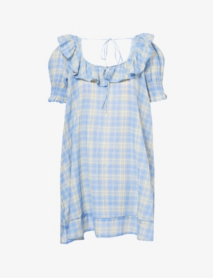 Damson Madder Womens Blue Harlow Puff-sleeve Cotton Mini Dress