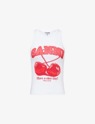 Womens Ganni Cherry Logo-Print Cotton-Jersey Top
