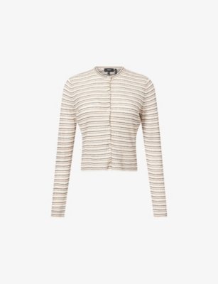 Theory Womens Bone Pink Multi Crop Rib-knit Linen-blend Cardigan In White