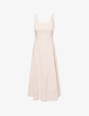 Theory Womens Warm Pink Seamed Square-neck Linen-blend Midi Dress