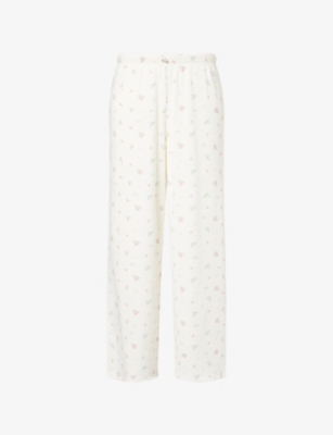 Lounge Womens White Floral Ribbed Floral-print Cotton-blend Pyjama Bottoms
