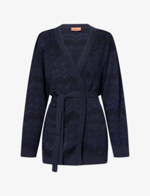 Missoni Womens Belted Chevron Knitted Cardigan Solid Navy Blue