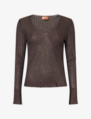 Missoni Womens V-neck Metallic Rib-knit Jumper Taupe Brown Tones