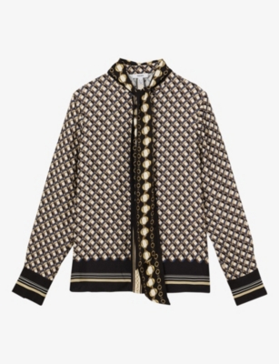 Reiss Womens Carmine Tie-neck Scarf-print Satin Shirt Navy Gold