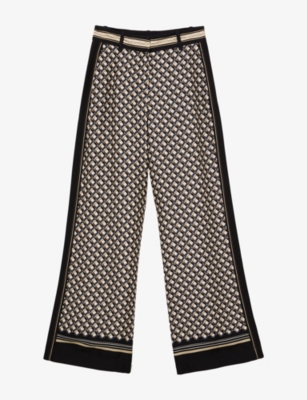 Reiss Womens Carmine Scarf-print Wide-leg Satin Trousers Navy Gold