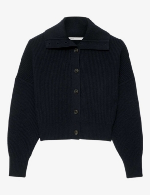 Allsaints Womens Caron Cropped Merino Wool Cardigan Navy Blue