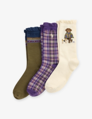 Polo Ralph Lauren Kids' Polo Bear Pack Of Three Cotton-blend Socks Ivory/purple/olive