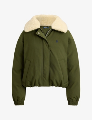 Polo Ralph Lauren Womens New Olive Quilted Faux-shearling Collar Woven Jacket