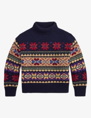 Polo Ralph Lauren Womens Navy Multi Jacquard Wool And Cashmere Turtleneck