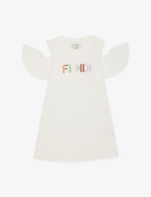 Fendi Kids' Gesso Brand-embroidered Cold-shoulder Cotton-jersey Dress 4-6 In White