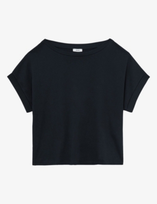 Reiss Womens Sia Off-shoulder Short-sleeve Cotton T-shirt Navy